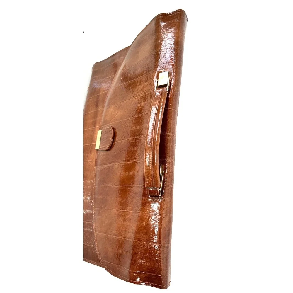 Vintage 80s Genuine Eel Skin Briefcase Brown Attache Bag Amiet Lock Korea VGUC